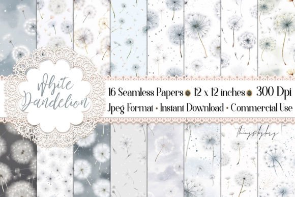 Download 16 Seamless White Dandelion Patterns - Pattern Collection